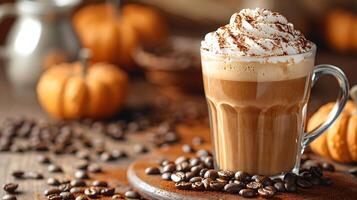 Cozy pumpkin spice latte with whipped cream and surrounded by coffee beans all cut out on an isolated simple minimalist background photo