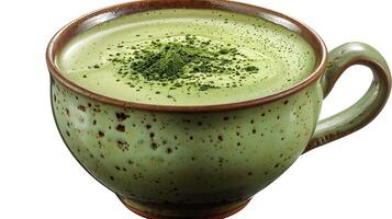 Creamy cup of matcha latte tea cut out on an isolated simple minimalist background photo