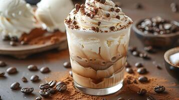 Decadent affogato with vanilla ice cream cut out on an isolated simple minimalist background photo