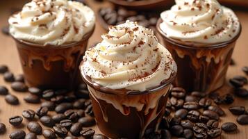 Decadent affogato with vanilla ice cream and surrounded by coffee beans all cut out on an isolated simple minimalist background photo