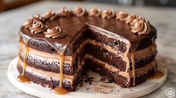 Decadent chocolate caramel cake with caramel drizzle cut out on an isolated simple minimalist background photo