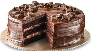 Decadent chocolate fudge cake cut out on an isolated simple minimalist background photo