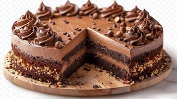 Decadent chocolate hazelnut cake cut out on an isolated simple minimalist background photo