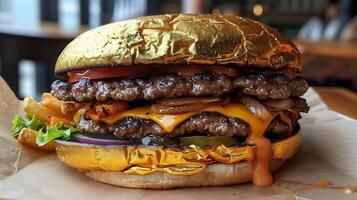 Dubai goldplated burger cut out on an isolated simple minimalist background photo