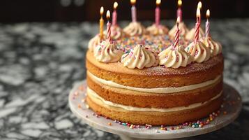 Festive birthday cake with confetti sprinkles cut out on an isolated simple minimalist background photo