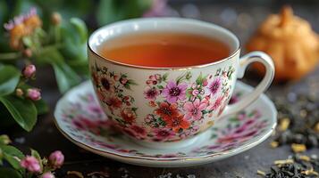 Floral cup of osmanthus tea cut out on an isolated simple minimalist background photo