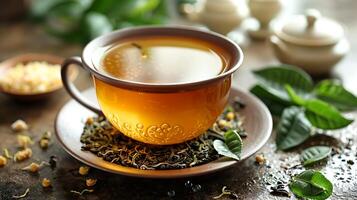 Fragrant cup of jasmine oolong tea cut out on an isolated simple minimalist background photo
