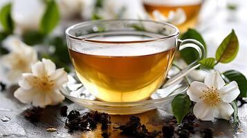 Fragrant cup of jasmine tea cut out on an isolated simple minimalist background photo