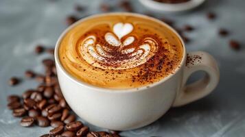 Frothy cappuccino with latte art cut out on an isolated simple minimalist background photo