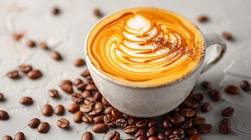 Frothy cappuccino with latte art and scattered coffee beans all cut out on an isolated simple minimalist background photo