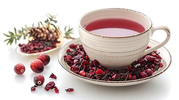 Fruity cup of cranberry hibiscus tea cut out on an isolated simple minimalist background photo