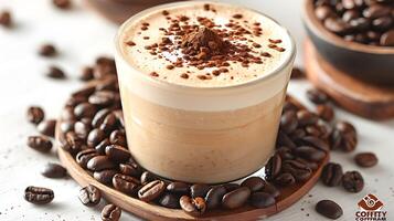 Frothy oat milk latte with a sprinkle of cocoa and surrounded by coffee beans all cut out on an isolated simple minimalist background photo