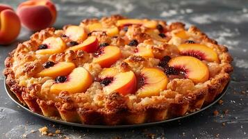 Fruity peach cobbler cake cut out on an isolated simple minimalist background photo