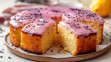 Light and airy lemon lavender cake with lavender glaze cut out on an isolated simple minimalist background photo