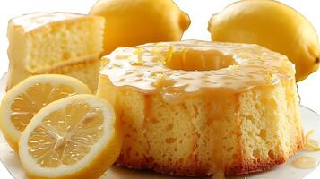 Light and fluffy lemon chiffon cake with lemon glaze cut out on an isolated simple minimalist background photo