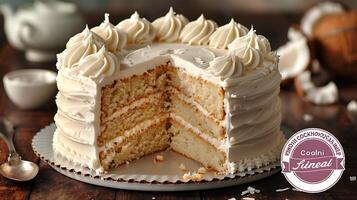 Light and fluffy coconut chiffon cake with coconut frosting cut out on an isolated simple minimalist background photo