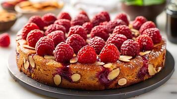 Moist and fruity raspberry almond cake cut out on an isolated simple minimalist background photo