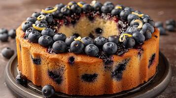 Moist blueberry cake with lemon glaze cut out on an isolated simple minimalist background photo