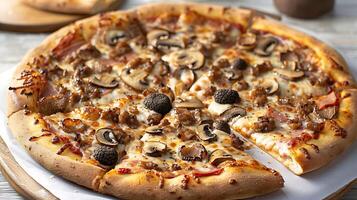 Mushroom and truffle pizza cut out on an isolated simple minimalist background photo