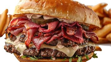 New York pastrami burger cut out on an isolated simple minimalist background photo