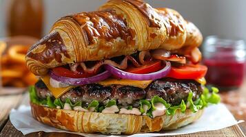 Parisian croissant burger cut out on an isolated simple minimalist background photo