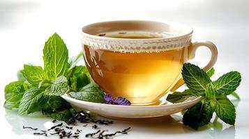 Refreshing cup of mint tea cut out on an isolated simple minimalist background photo