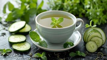 Refreshing cup of cucumber mint tea cut out on an isolated simple minimalist background photo