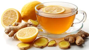 Refreshing cup of lemon ginger tea cut out on an isolated simple minimalist background photo