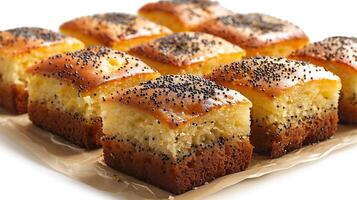 Refreshing lemon poppy seed cake cut out on an isolated simple minimalist background photo