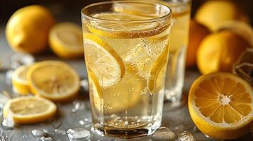 Refreshing lemonade served in a glass with slices of lemon cut out on an isolated simple minimalist background photo