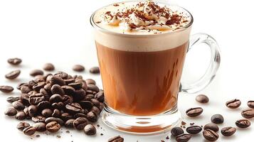 Rich and creamy Irish coffee with a side of coffee beans all cut out on an isolated simple minimalist background photo