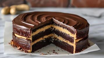 Rich and indulgent chocolate peanut butter cake cut out on an isolated simple minimalist background photo