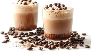Smooth and creamy hazelnut latte with a handful of coffee beans all cut out on an isolated simple minimalist background photo