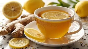 Soothing cup of ginger lemon tea cut out on an isolated simple minimalist background photo