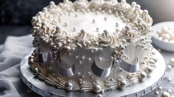 Sophisticated anniversary cake with edible pearls and silver fondant ribbon cut out on an isolated simple minimalist background photo