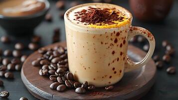 Spicy and aromatic chai latte with a sprinkle of coffee beans all cut out on an isolated simple minimalist background photo