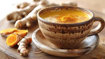 Spicy cup of turmeric tea cut out on an isolated simple minimalist background photo