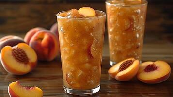 Tall glass of refreshing peach juice with peach slices cut out on an isolated simple minimalist background photo