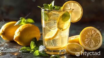 Tall glass of refreshing mint lemonade with mint leaves and lemon slices cut out on an isolated simple minimalist background photo