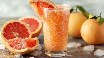 Tall glass of tangy grapefruit juice with a slice of grapefruit cut out on an isolated simple minimalist background photo