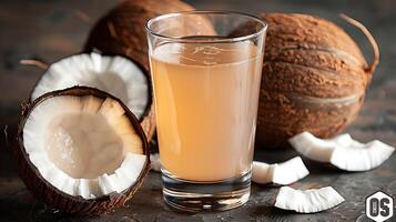 Tropical coconut water served in a glass with a coconut garnish cut out on an isolated simple minimalist background photo