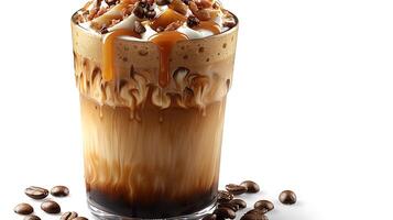 Velvety macchiato with caramel drizzle cut out on an isolated simple minimalist background photo