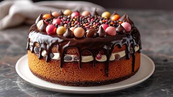 Delightful birthday cake with candy toppings and chocolate drizzle cut out on an isolated simple minimalist background photo