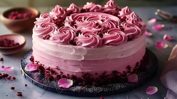 Dreamy Valentine's Day cake with ombre pink frosting and edible rose petals cut out on an isolated simple minimalist background photo