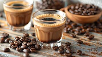 Double shot espresso with a side of coffee beans all cut out on an isolated simple minimalist background photo