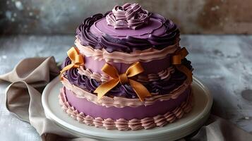 Festive tiered birthday cake with icing ribbons and bows cut out on an isolated simple minimalist background photo