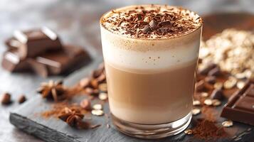 Frothy oat milk latte with a sprinkle of cocoa cut out on an isolated simple minimalist background photo