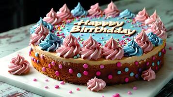 Joyful birthday cake with a Happy Birthday message cut out on an isolated simple minimalist background photo
