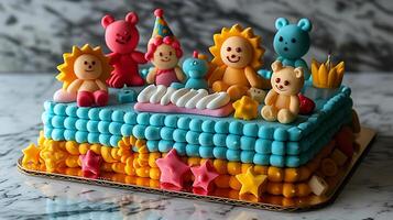 Fun birthday cake with fondant shapes and figures cut out on an isolated simple minimalist background photo