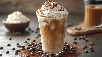 Refreshing iced coffee with whipped cream and scattered coffee beans all cut out on an isolated simple minimalist background photo